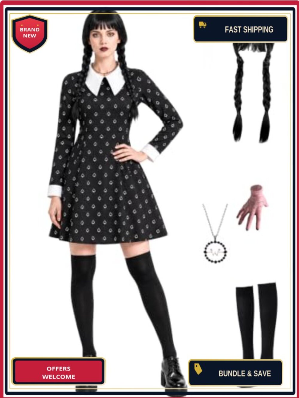Women's Gothic Halloween Costume Set Dress Wig Necklace Knee-High Socks